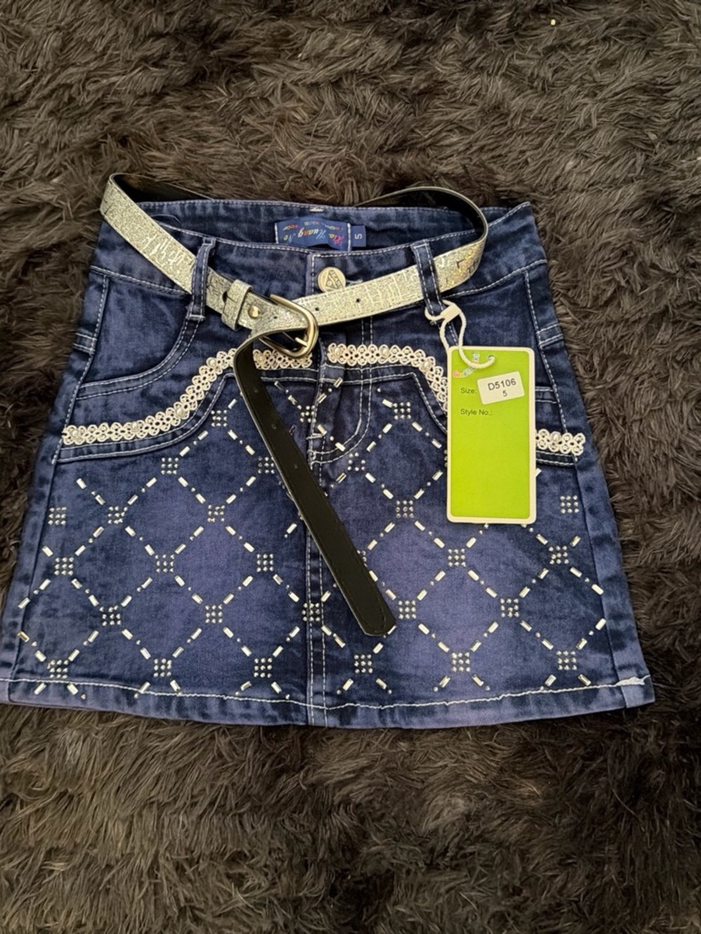 True Religion Dark Blue Embellished Mini Skirt with Metallic Belt